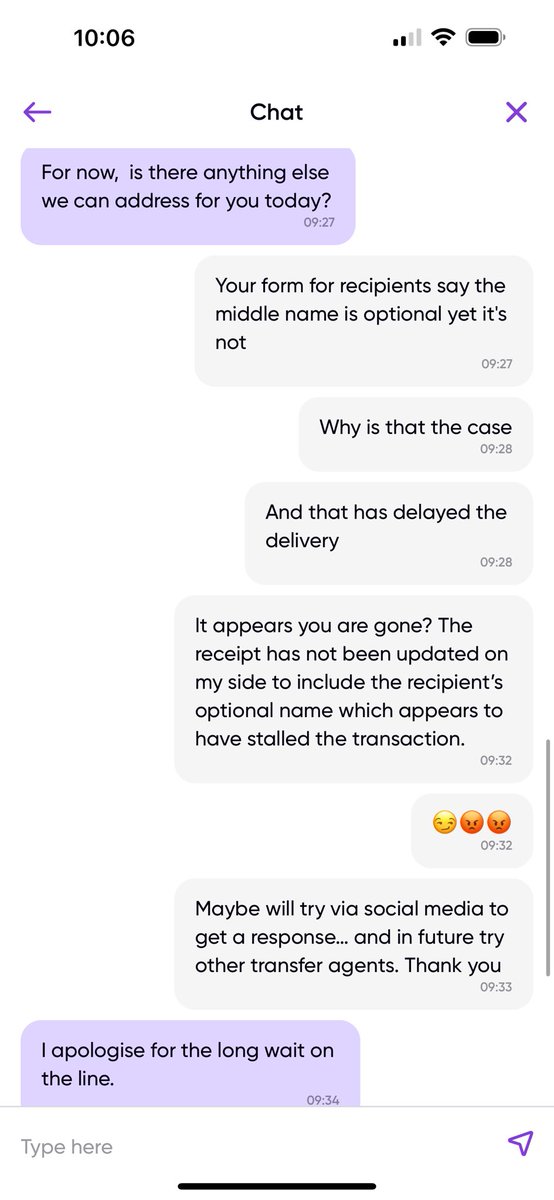 ediemsas's tweet photo. @WorldRemit The transaction detail is contained therein #WorldRemit I have middle name issue which is meant to be optional (according to your entry forms) and now it isn't. My request to have that update is taking longer than 48hrs 😕 https://t.co/dj0gFz8NGg