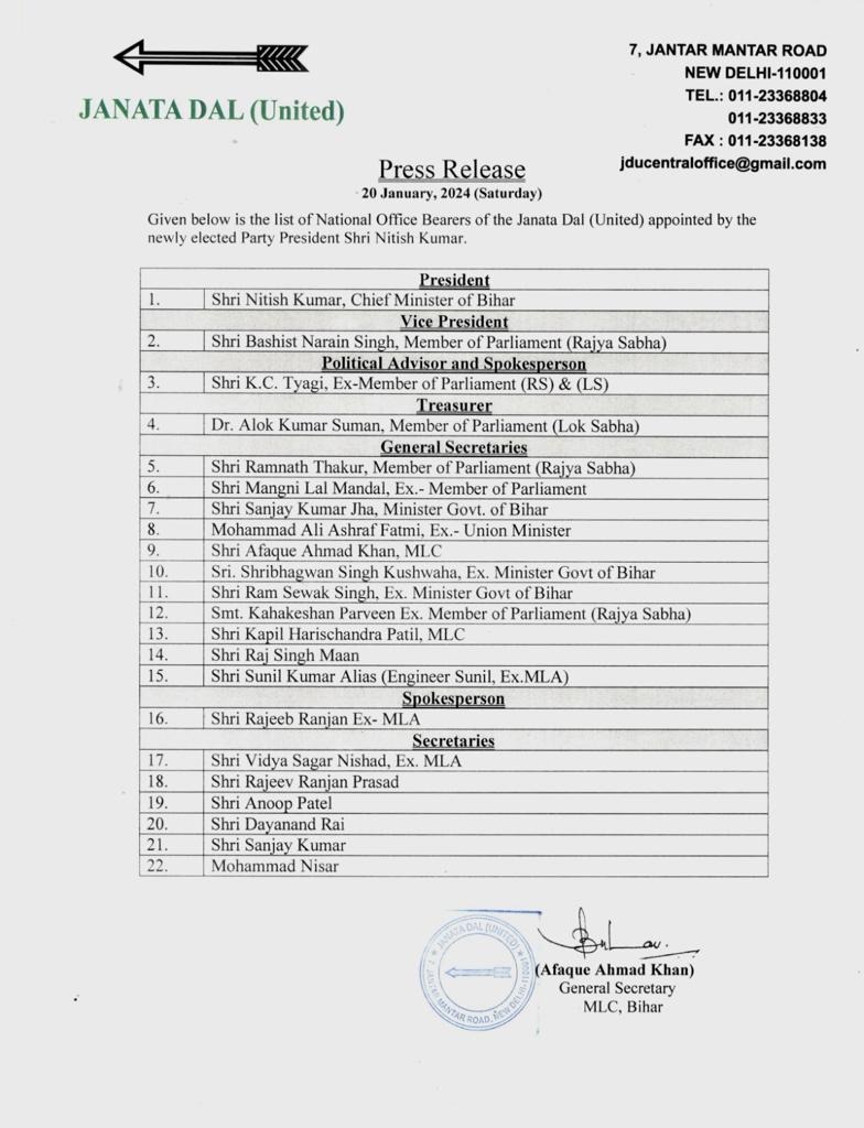 dhirajkumarjh19's tweet image. जनता दल (यू०) की राष्ट्रीय कार्यकारिणी के नवनियुक्त सभी पदाधिकारियों को हार्दिक बधाई एवं उज्जवल कार्यकाल के लिए सभी को ढ़ेर सारी शुभकामनाएं।

#Congratulations #JDU #Bihar #NitishKumar