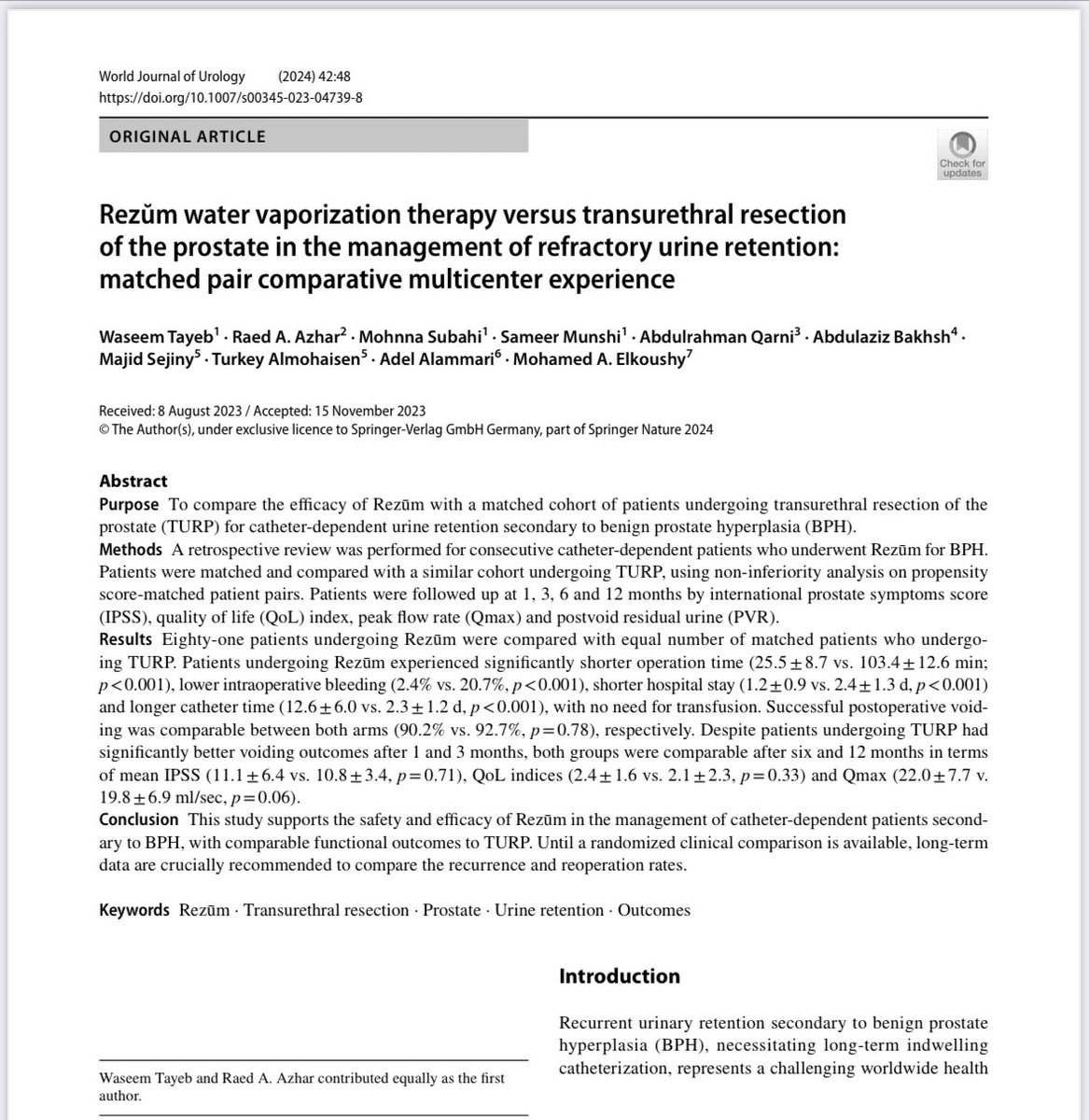 Prof. Raed Azhar | أ.د. رائد أزهر (@raedazhar) on Twitter photo Our recent publication: Rezum in Urinary retention patients <a href="/wjurol/">World Journal of Urology</a> <a href="/waseemtayeb/">Waseem Tayeb</a> <a href="/Faculty_Med_KAU/">كلية الطب</a> <a href="/saudiurological/">SUA</a>
بحمدالله قمنا بنشر دراسة سعودية في مجلة علمية محكمة بمشاركة فريق بحثي متميز عن تبخير البروستات -الريزوم- للمرضى الذين يعانون من الاحتباس بسبب تضخم البروستات Our recent publication: Rezum in Urinary retention patients <a href="/wjurol/">World Journal of Urology</a> <a href="/waseemtayeb/">Waseem Tayeb</a> <a href="/Faculty_Med_KAU/">كلية الطب</a> <a href="/saudiurological/">SUA</a>
بحمدالله قمنا بنشر دراسة سعودية في مجلة علمية محكمة بمشاركة فريق بحثي متميز عن تبخير البروستات -الريزوم- للمرضى الذين يعانون من الاحتباس بسبب تضخم البروستات