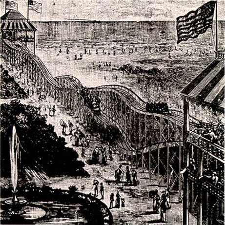 Line drawing of Thompson's Switchback Railway in 1884. From the left upper corner to the lower right corner stands a roller coaster and two carriages carrying people in opposite directions upon the tracks.