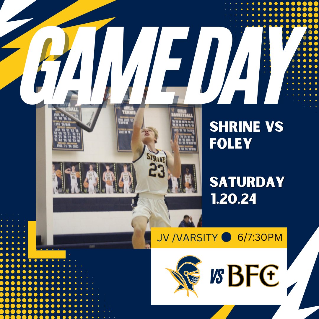 🚨GAME DAY!🚨
🏀 HOME game versus F🚫ley
📅 TONIGHT, January 20th
⏰: JV: 6 pm and Varsity: 7:30 pm
📍: @shrine_sports
➡️: CYO Knight = giveaways
Go Knights! 🗡

<a href="/CHSL1926/">Catholic League</a> 
@shrinedadsclub
<a href="/CoachMaryanski/">CoachM</a>