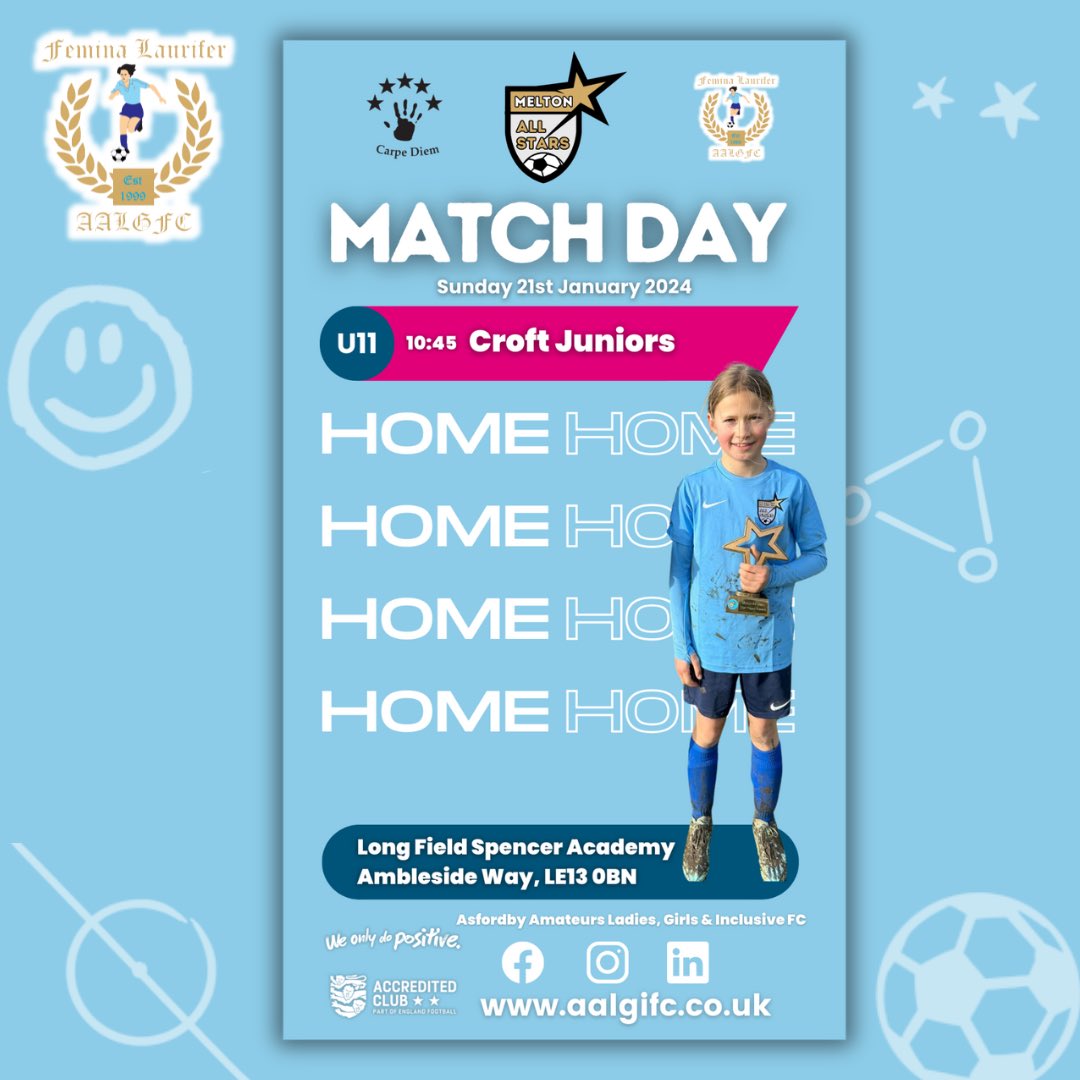 ⚽ HOME MATCH at @long_field_academy 🩵

Good luck to our <a href="/meltonallstars/">Melton All Stars ⭐️⚽️</a> playing at home this Sunday! 🙏🏼👏🏻

#AALGIFC 

<a href="/leicsfa/">Leicestershire FA</a> <a href="/englandfootball/">England Football</a> <a href="/meltonallstars/">Melton All Stars ⭐️⚽️</a>