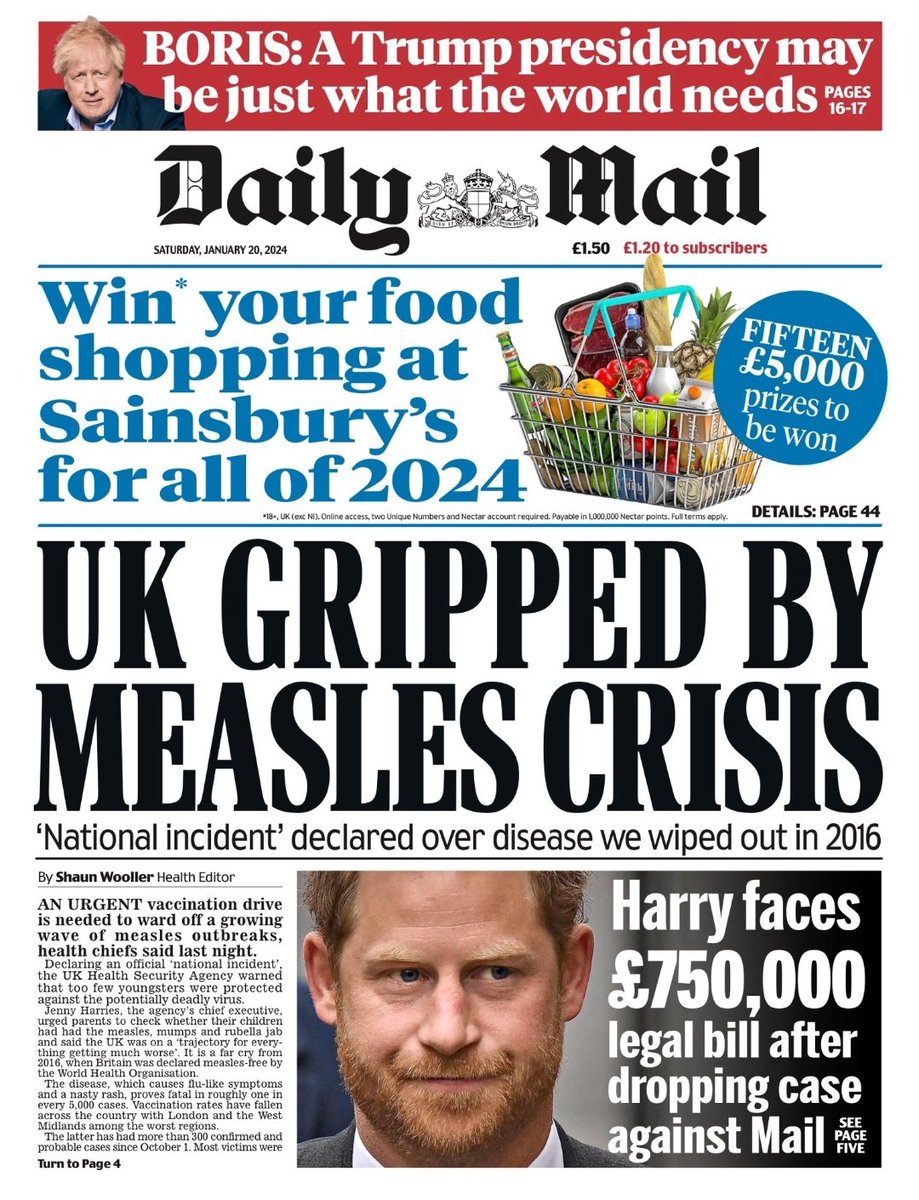 snigskitchen's tweet photo. The Daily Mail front page bemoans "UK gripped by measles crisis", conveniently forgetting it was their now utterly debunked scaremongering and misinformation which caused MMR vaccine hesitancy. Don't forget, just because they have. https://t.co/m3PvGUuFDl