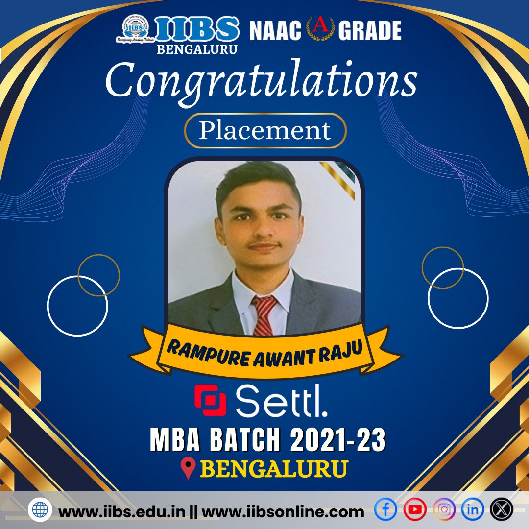 iibsonline's tweet photo. Congratulations Rampure Awant Raju, from the #MBA Batch 2021-23, #IIBSBengaluru has secured a placement at Settl. Our warmest wishes for a future that may be filled with #learning.
#Placement #SuccessStory #jobs #Career #MBA #Settl #NewBeginnings #Achievements #Karnataka https://t.co/yWtCneR9UA