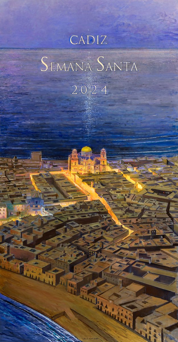 #Cadiz ya tiene cartel de #SemanaStaCadiz24.
Una original y gran obra de <a href="/_chemarodriguez/">Chema Rodríguez</a> que tras una puerta esconde un tríptico con los escudos en azulejos de todas las hermandades y cofradía y una vista aérea de la ciudad con las calles iluminadas con los cirios