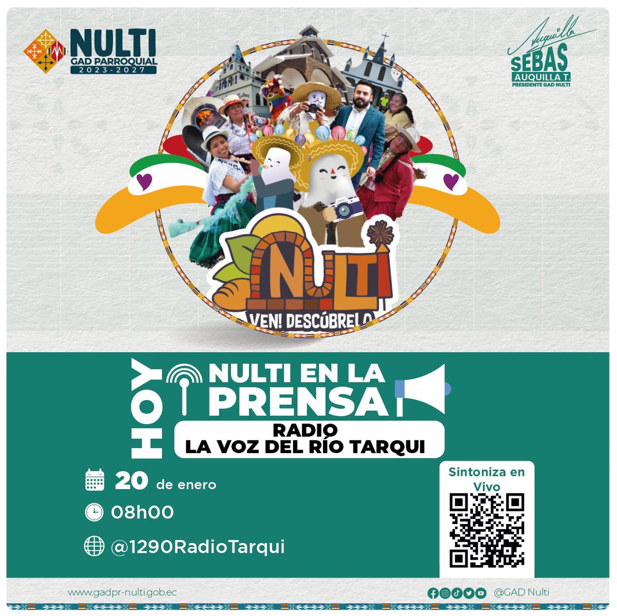 📻 ¡Sintoniza Radio Tarqui hoy! Estaremos en entrevista para hablar sobre la cultura, gastronomía, turismo y todos los encantos de nuestra hermosa parroquia Nulti. 
📻 facebook.com/1290RadioTarqui
🕛 08:00 horas
<a href="/SebasAuquillaT1/">Sebastián Auquilla Tenesca</a> <a href="/radiotarqui1290/">lavozdelriotarqui</a> <a href="/PRENSAVirtual_/">PRENSA Virtual</a>  #NultiEnLaPrensa