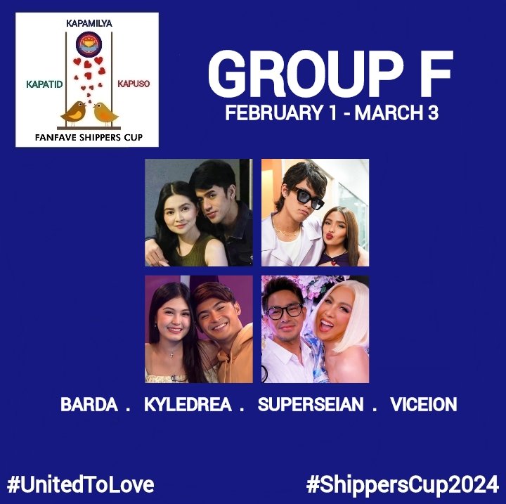 ShippersCup's tweet photo. Your Favorite #ShippersCup2024 Loveteams

GROUP F

- #BarDa
- #KyleDrea
- #SuperSEian
- #ViceIon

#UnitedToLove 
#UnitedToLoveBarDa
#UnitedToLoveKyleDrea
#UnitedToLoveSuperSEian
#UnitedToLoveViceIon https://t.co/4Ij1sp1vgd