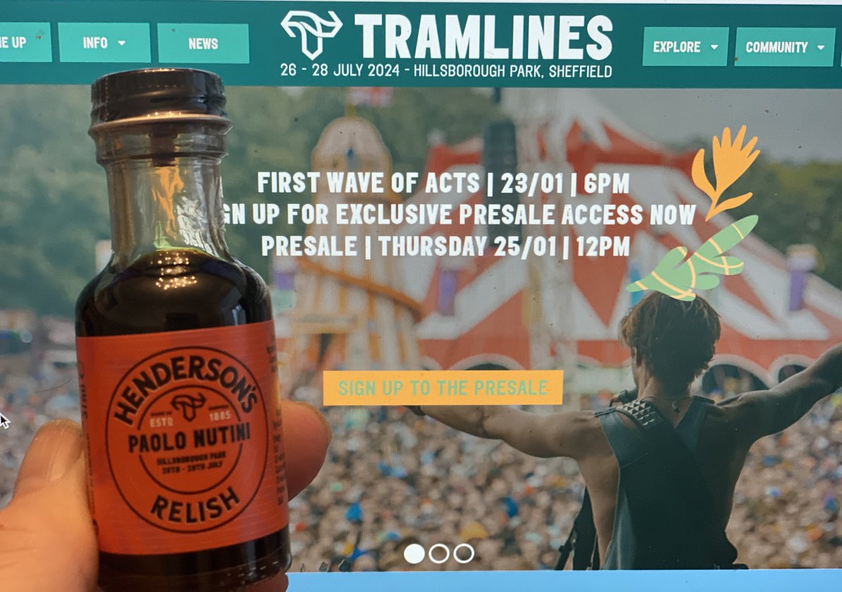 Graham Walker (@gw1962) on Twitter photo Relish the moment Tue, Jan 23, 6pm - all 3 headliners & 40+ acts will be announced to play what is shaping up to be an amazing <a href="/tramlines/">Tramlines Festival</a> festival at #Sheffield's Hillsborough Park, July 26 to 28!
Sworn to secrecy...but is there a clue here?
Presale goes live Thu, Jan 25, noon. Relish the moment Tue, Jan 23, 6pm - all 3 headliners & 40+ acts will be announced to play what is shaping up to be an amazing <a href="/tramlines/">Tramlines Festival</a> festival at #Sheffield's Hillsborough Park, July 26 to 28!
Sworn to secrecy...but is there a clue here?
Presale goes live Thu, Jan 25, noon.