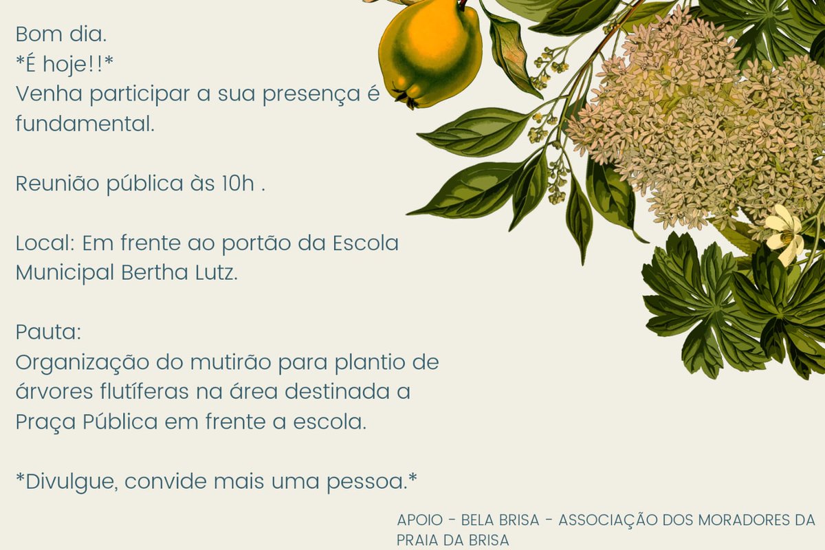 Alexpanrj's tweet photo. Bom dia.
*É hoje!!*
Venha participar a sua presença é fundamental.

Reunião pública às 10h . 

Local: Em frente ao portão da Escola Municipal Bertha Lutz.

Pauta: 
Organização do mutirão para plantio de árvores flutíferas na área destinada a Praça Pública em frente a escola. https://t.co/llUZkDlXI6