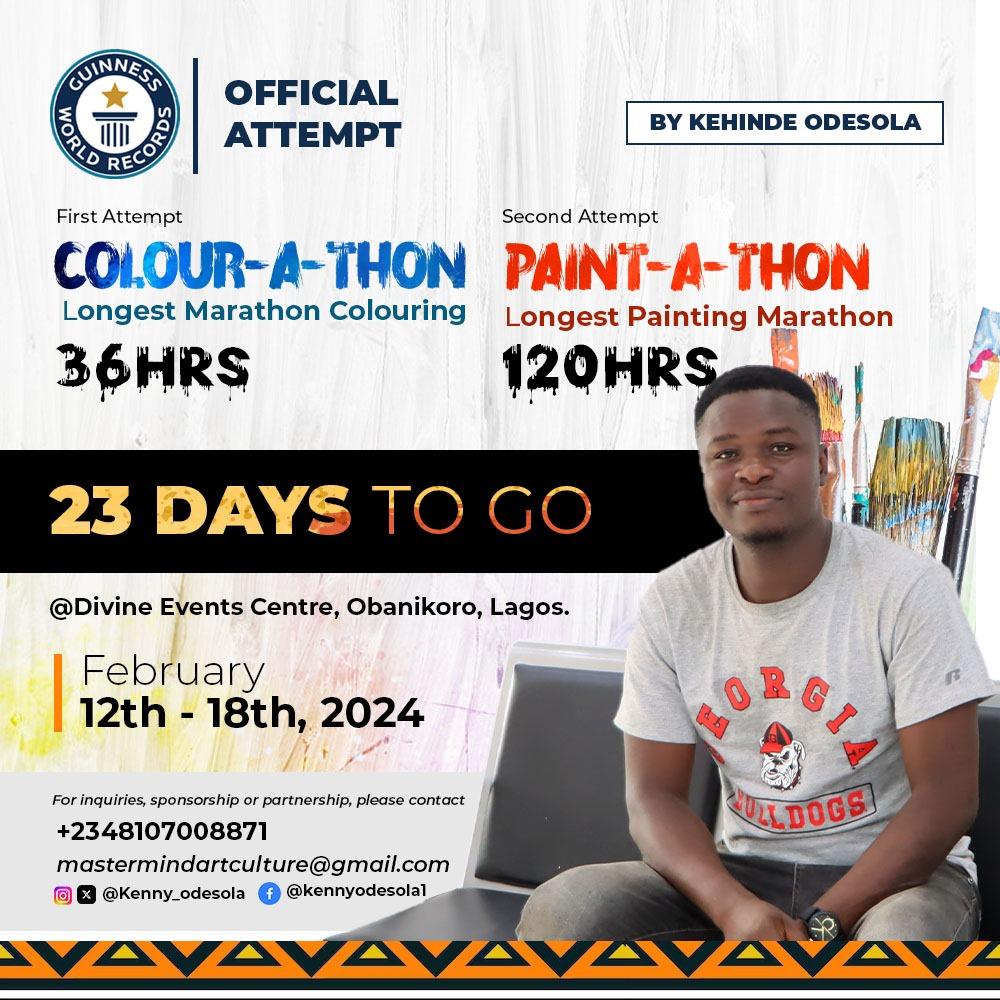 Kenny_odesola's tweet photo. Please retweet. 
23 days to go. 
Guinness world record official attempt 
Record 1: Longest Marathon Colouring - 36 hrs
Record Title 2: Longest Painting Marathon - 120 hrs
@ Divine Event Centre, Obanikoro Lagos.

Tag: Moses Bliss | kunle remi | Gistlover | Abuja | Tunde Ednut https://t.co/WGRLZ494aD