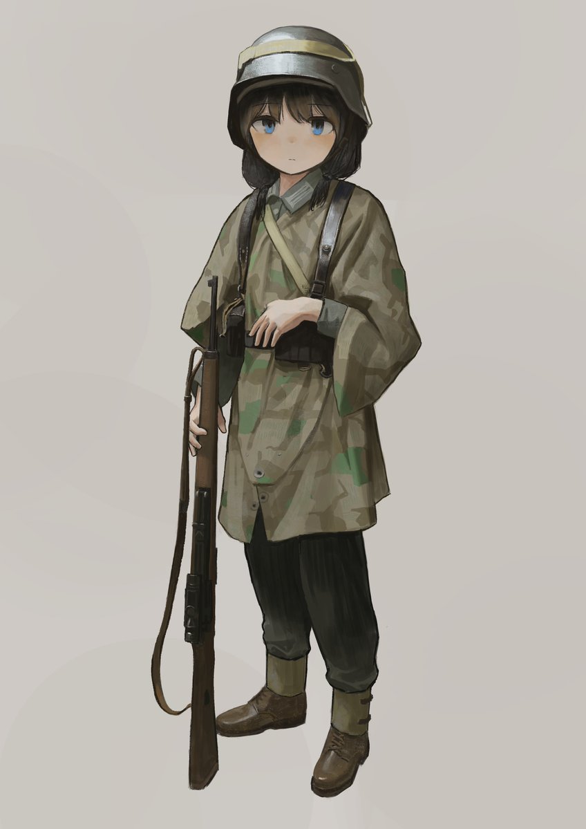 1girl weapon gun solo military helmet blue eyes  illustration images