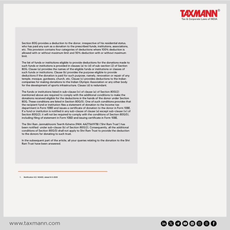 taxmannindia's tweet photo. #TaxmannAnalysis #ShriRamTrust #Section80G
In this article, the author aims to address all questions pertaining to donations made to the Shri Ram Trust.
Download/Read More: https://t.co/hPylLab3iK
Authored by: @tarunkmadaan – https://t.co/eCdAGRyLjG, FCA, DIIT-ICAI
#Taxmann