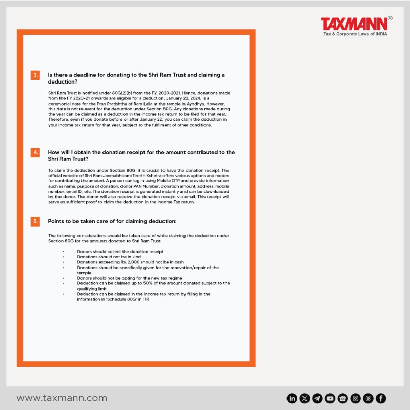 taxmannindia's tweet photo. #TaxmannAnalysis #ShriRamTrust #Section80G
In this article, the author aims to address all questions pertaining to donations made to the Shri Ram Trust.
Download/Read More: https://t.co/hPylLab3iK
Authored by: @tarunkmadaan – https://t.co/eCdAGRyLjG, FCA, DIIT-ICAI
#Taxmann