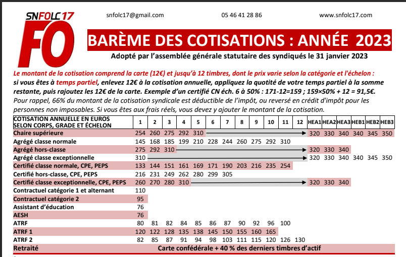 snfolc17's tweet photo. A tous les sympathisants et adhérents du 17 : le barème des cotisations est inchangé en 2024. L'AG de rentrée aura lieu le Jeudi 01/02 au lycée Hôtelier de La Rochelle. Si vous souhaitez y participer et/ou adhérer, contactez-nous. https://t.co/WUylSf27at