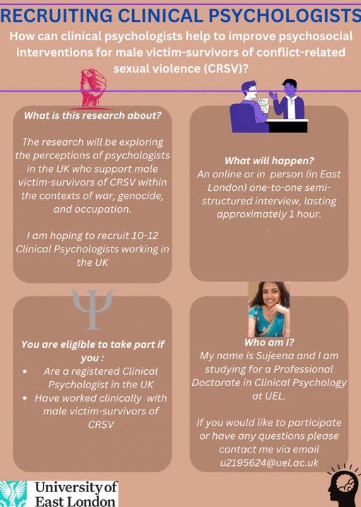 📣‼️🚨Are you a Clinical Psychologist who has worked with male-victim survivors of conflict-related sexual violence! If so, please contact Sujeena on u2195624@uel.ac.uk to participate in her study ⬇️