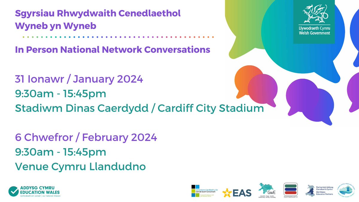 Llywodraeth Cymru Addysg (@llc_addysg) on Twitter photo Mae Sgyrsiau Rhwydwaith Cenedlaethol cynllunio #CwricwlwmiGymru a chynnydd yn wyneb yn wyneb!
Cyfle gwych i gyfrannu, rannu barn a rhwydweithio.
Archebwch eich lle heddiw ow.ly/qGvL50QqryM
<a href="/PartneriaethREC/">Partneriaeth</a>
@GwEGogleddCymru
<a href="/CSCJES/">Central South Consortium</a>
<a href="/sewalesEAS/">EAS</a> Mae Sgyrsiau Rhwydwaith Cenedlaethol cynllunio #CwricwlwmiGymru a chynnydd yn wyneb yn wyneb!
Cyfle gwych i gyfrannu, rannu barn a rhwydweithio.
Archebwch eich lle heddiw ow.ly/qGvL50QqryM
<a href="/PartneriaethREC/">Partneriaeth</a>
@GwEGogleddCymru
<a href="/CSCJES/">Central South Consortium</a>
<a href="/sewalesEAS/">EAS</a>