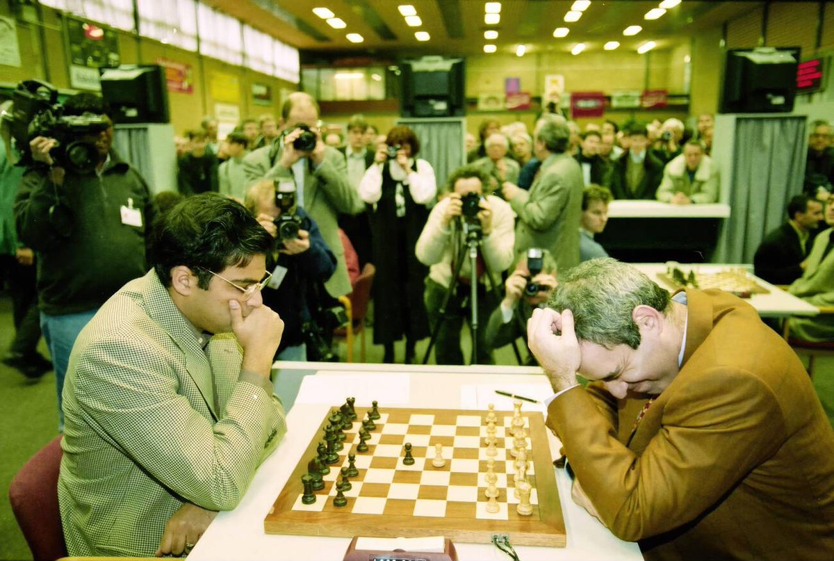 Vishy Anand and Kasparov at Wijk aan Zee 25 years ago, photographed by Michael van Geyt.