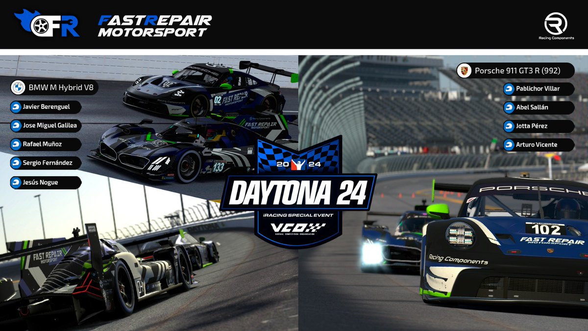 FastRepairMotorsport (@fastrepairmotor) on Twitter photo ¡24H de Daytona!
Nos presentamos a la primera resistencia del año con dos coches.
Un GT3 y un LMDh.
Porsche 911 GT3 R(992)
<a href="/asallan175/">Abel Sallan</a>
<a href="/pablichor/">Pablo Villar</a>
<a href="/artupppruo/">Artuppp</a>
<a href="/JottaPerez/">Jotta</a>
BMW M Hybrid V8
<a href="/servans27/">Sergio Fdez</a>
<a href="/JBerenguel29/">Javier Berenguel</a>
<a href="/rafaleteruiz95/">Rafa Ruiz</a>
<a href="/JX4Three/">JoseXemi</a>
<a href="/jesusnogue1/">𝑾 𝑰 𝑳</a>
¡Suerte a todos! ¡24H de Daytona!
Nos presentamos a la primera resistencia del año con dos coches.
Un GT3 y un LMDh.
Porsche 911 GT3 R(992)
<a href="/asallan175/">Abel Sallan</a>
<a href="/pablichor/">Pablo Villar</a>
<a href="/artupppruo/">Artuppp</a>
<a href="/JottaPerez/">Jotta</a>
BMW M Hybrid V8
<a href="/servans27/">Sergio Fdez</a>
<a href="/JBerenguel29/">Javier Berenguel</a>
<a href="/rafaleteruiz95/">Rafa Ruiz</a>
<a href="/JX4Three/">JoseXemi</a>
<a href="/jesusnogue1/">𝑾 𝑰 𝑳</a>
¡Suerte a todos!