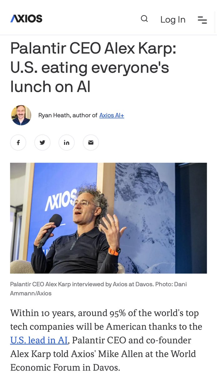 Davos: Within 10 years, around 95% of the world's top tech companies will be American thanks to the U.S. lead in AI. And guess what? Most of those companies are in SF and Silicon Valley. axios.com/2024/01/17/ale…