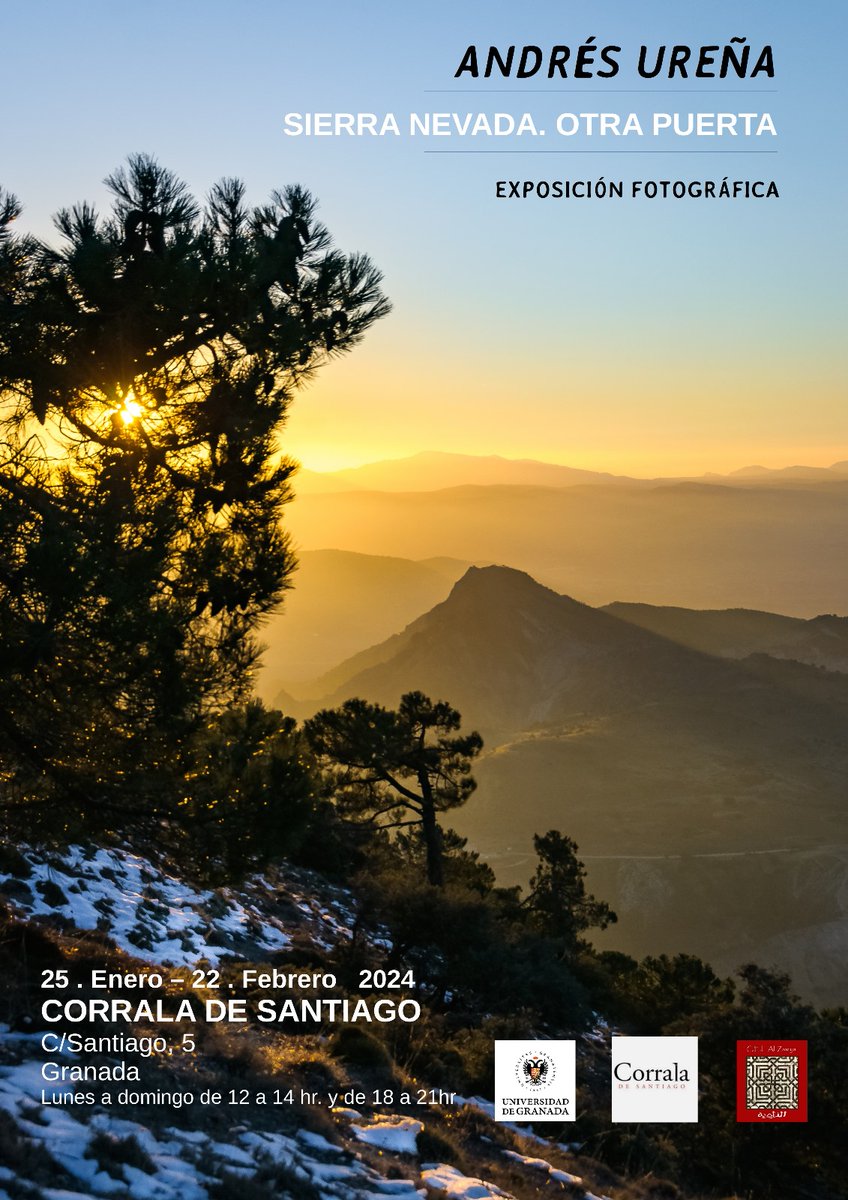 📢Exposición fotográfica 'Sierra Nevada. Otra puerta' 📷Andrés Ureña. 📌Corrala de Santiago, C/ Santiago 5 - Granada. 📅25 de enero a 22 de febrero de 2024. ⏲️Diariamente de 12:00 a 14:00 y de 18:00 a 21:00 horas. ✅Inauguración: 25 de enero a las 19:30 horas.