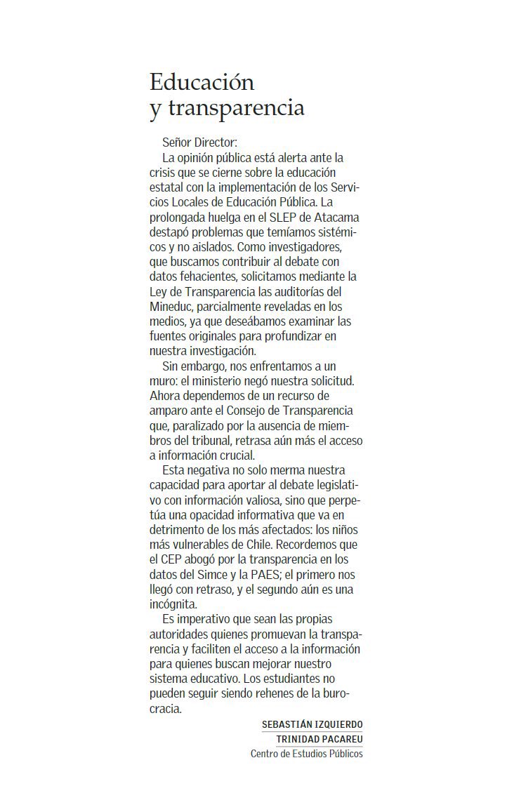🗣️#ColumnistasCEP | "Educación y transparencia", carta al director de los investigadores @izquierdo_seba y <a href="/trinipacareu/">Trinidad Pacareu</a>, hoy en <a href="/ElMercurio_cl/">elmercurio_cl</a> 📰
