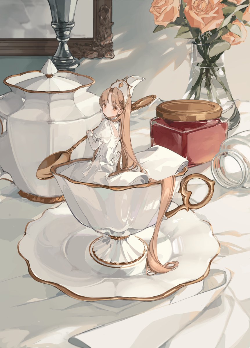 1girl flower long hair solo teacup vase dress  illustration images