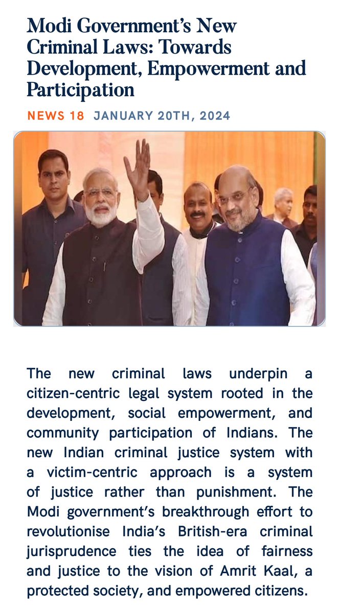 AnkitvyasBjp's tweet photo. Modi Government’s New Criminal Laws: Towards Development, Empowerment and Participation
https://t.co/oXqZIgBau5 via NaMo App https://t.co/f3D0li9Vur