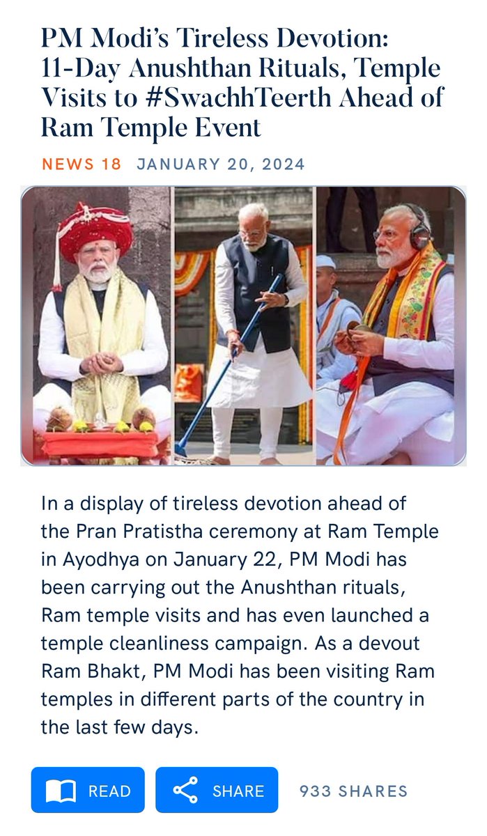 WanderJasmeet's tweet image. #ModiJi&apos;s thoughtfulness is praiseworthy as he&apos;s sensitive about culture, tradition, heritage, beliefs and cleanliness.
#Modi4🇮🇳
PM Modi’s Tireless Devotion: 11-Day Anushthan Rituals, Temple Visits to #SwachhTeerth Ahead of Ram Temple Event
news18.com/india/pm-modis…

via NaMo App