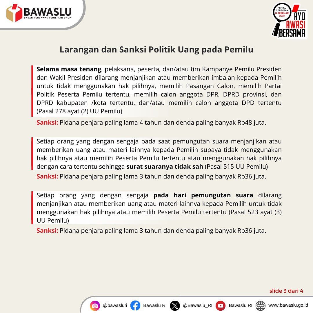 joyce16889's tweet photo. Selain merusak integritas pemilu, politik uang juga berpotensi melahirkan calon-calon pemimpin koruptif. 
Yuk #SahabatBawaslu baca slidenya sampai habis ya! 
#TolakPolitikUang
#AyoAwasiBersama
#PemiluSerentak2024
@BawasluRI
@BawasluKepri
@BawasluBatam https://t.co/AXcQRi32HZ