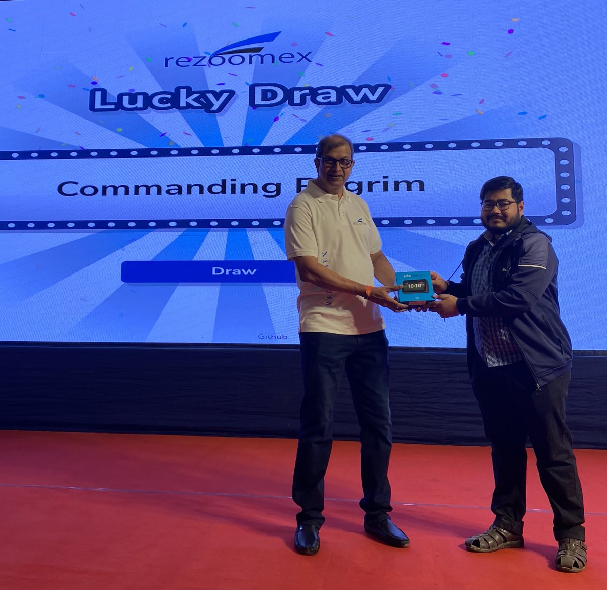 Rezoomex's tweet image. Hats off to Jay Darji for snagging the Amazon Echo Show in #Rezoomex's #LuckDraw at the @awsugahm Event today. Your luck just got a tech upgrade. Thanks to all who participated, Stay tuned for more such exciting events! 🎁#AWS #AwsCloud #awsugahm #AwsCommunity #AwsCommunityday