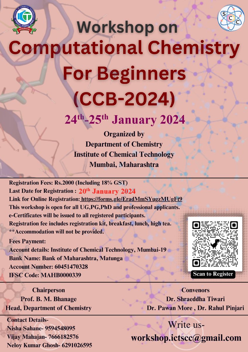 NishaSahane's tweet photo. Excitement ✨ building as we approach the "Workshop on Computational Chemistry for Beginners" at the Department of Chemistry, ICT Mumbai on 24-25th January! ⏰ Countdown initiated!Don't miss this opportunity! 📝 Register here:https://t.co/lVaer3kHWz https://t.co/y8UEbGQMGG