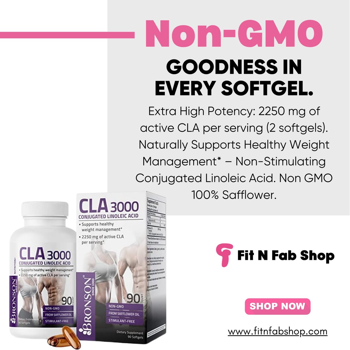 fitnfabshop's tweet image. Embrace the power of nature with Bronson CLA 3000! Our formula is 100% Safflower, non-GMO, and free from unnecessary additives. Trust in the purity of our ingredients to fuel your healthy weight management journey.

#naturepowered #bronsoncla3000 #healthyweightmanagement