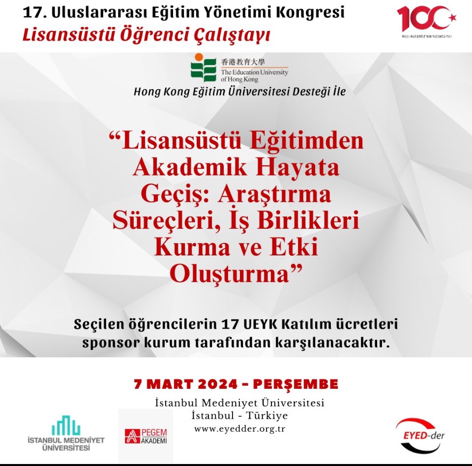 Uluslararası Eğitim Yönetimi Kongresinde siz değerli lisansüstü öğrencilere yönelik özel bir etkinlik düzenliyoruz. Hong Kong Eğitim Üniversitesi'nin desteğiyle lisansüstü öğrenci seminer ve mentorlük süreci Dr. Sedat Gümüş ve Dr. Paul Campbell tarafından yönetilecektir.