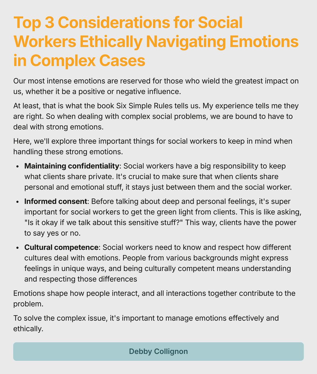 Top 3 Considerations for Social Workers Ethically Navigating Emotions in Complex Cases

#SocialWork #EmotionalIntelligence #EthicalPractice #CulturalCompetence #ComplexSocialProblems #CulturalAwareness #EffectiveSocialWork #EmotionalWellBeing #DiversityInEmotions #SocialImpact