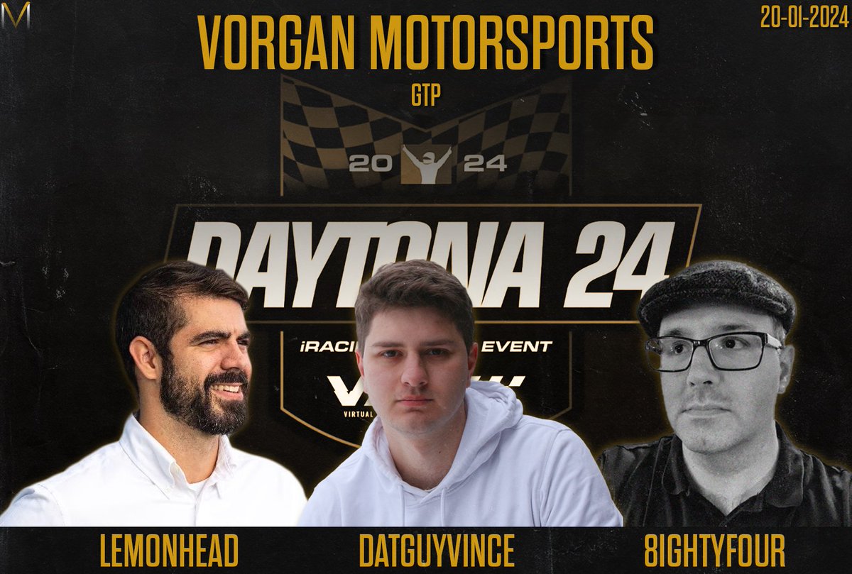 𝐃𝐀𝐘𝐓𝐎𝐍𝐀 𝟐𝟒

We are delighted to announce that in at 16:00 UK time <a href="/DatGuyVince/">Vince</a>, alongside <a href="/EightyFOUR841/">EightyFOUR_84</a> and Lemonhead, will be partaking in this years 24h of Daytona on #iRacing!

We would love to see you in the Twitch chat to cheer the guys on 👀
