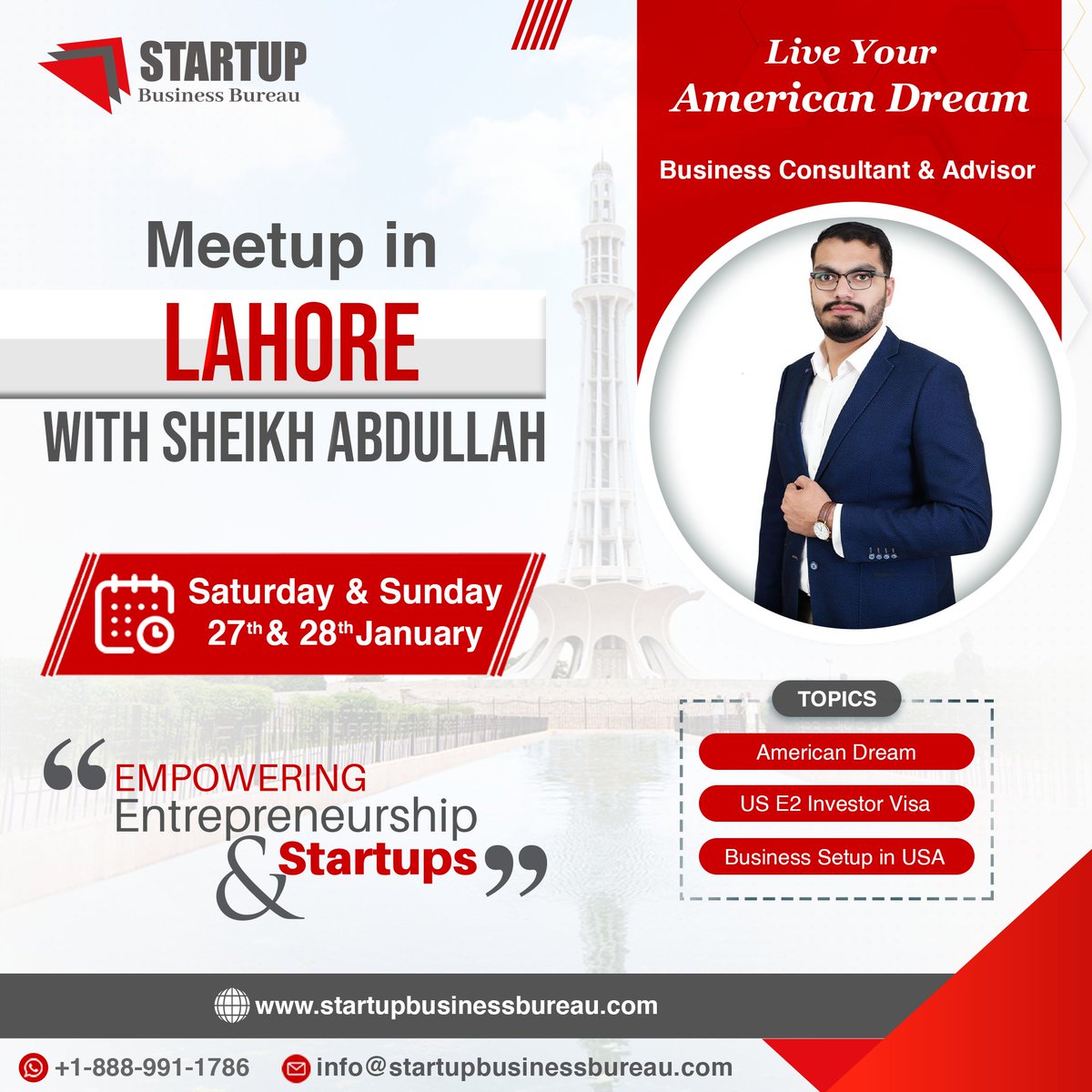 Meet up with Sheikh Abdullah Business Consultant, Advisor &amp; E-Commerce Expert!

Call us for a Free Consultation at
📞+1-888-991-1786
Or book your consultation here 🌐: form.jotform.com/233092997447470

#startupbusinessbureau #business #investment #usa #E2visa #Meetup #lahore #ShoaibMalik