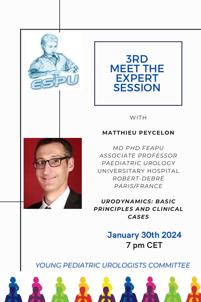 Young Pediatric Urologists Club (@ypedurolclub) on Twitter photo Our 3rd “Meet the Expert” session will be on
🗓️January 30th
⏰7 p.m CET with
<a href="/M_Peycelon/">Matthieu Peycelon</a>
We’re going to talk about ‘Urodynamics; basic principles and clinical cases’
Information will be shared soon.
Hope to see you there 🙌🏻
<a href="/ESPUorg/">ESPU</a> <a href="/ESPU_EdCom/">ESPU Education Committee</a> <a href="/ESPU_RC/">ESPU Research Committee</a>
#YPUC #ESPU Our 3rd “Meet the Expert” session will be on
🗓️January 30th
⏰7 p.m CET with
<a href="/M_Peycelon/">Matthieu Peycelon</a>
We’re going to talk about ‘Urodynamics; basic principles and clinical cases’
Information will be shared soon.
Hope to see you there 🙌🏻
<a href="/ESPUorg/">ESPU</a> <a href="/ESPU_EdCom/">ESPU Education Committee</a> <a href="/ESPU_RC/">ESPU Research Committee</a>
#YPUC #ESPU