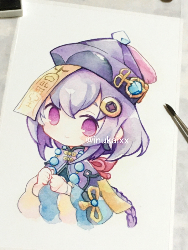 qiqi (genshin impact) 1girl solo traditional media purple hair hat qing guanmao hair ornament  illustration images