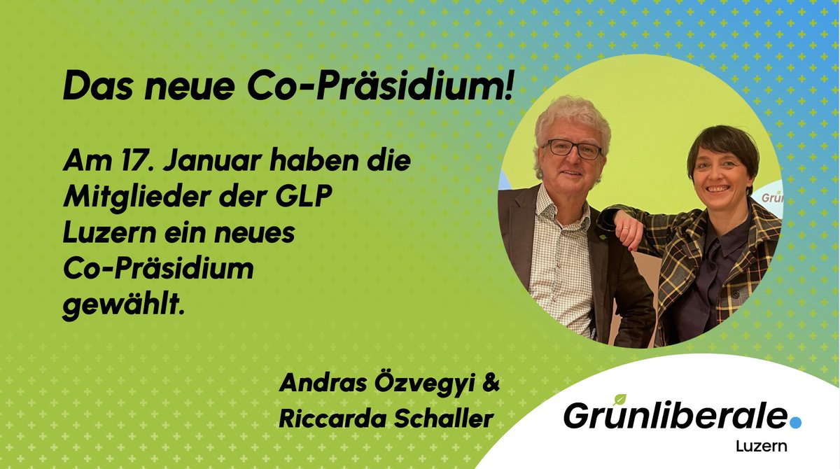 Dürfen wir vorstellen - unser neues Co-Präsidium!
Die Mitglieder der GLP Kanton Luzern haben am 17. Januar das neue Partei Co-Präsidium gewählt. Neu wird Alt-Kantonsrat András Özvegyi an der Seite der bisherigen Co-Präsidentin, Riccarda Schaller, die Geschicke der Partei leiten.