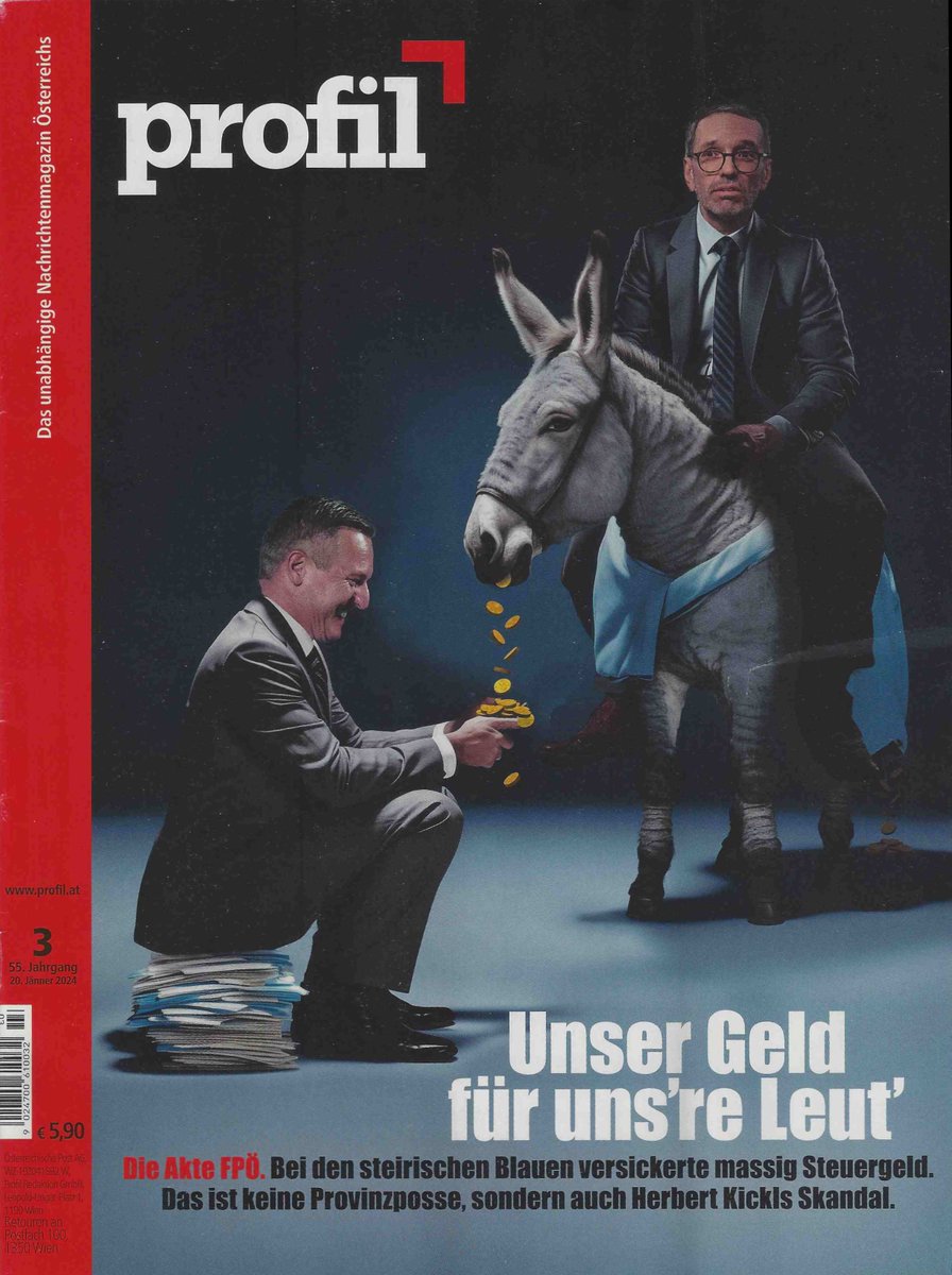 MaxSiller2's tweet photo. Grandiose Bildmetaphorik, einfach super! Unter anderem evoziert das heutige PROFIL-Cover (20. Jänner 2024) das Märchen von "Tischlein deck dich, Esel streck dich!" https://t.co/3bfpHMV2CT