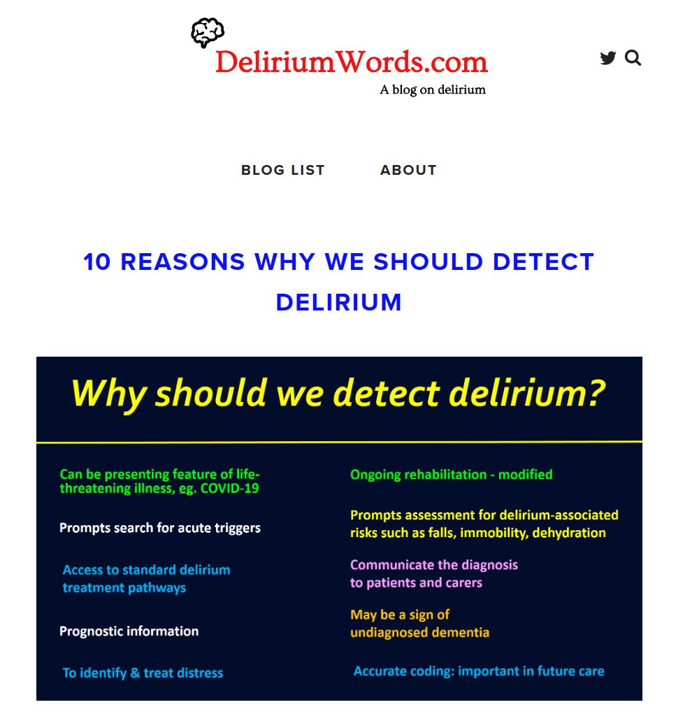 3/ 🙁🧠 Very important not to miss #delirium ⚕️ A delirium diagnosis allows: ➡️ Access to management pathways ➡️ Detection & effective Rx of distress ➡️ Accurate comms with pt, carer, colleagues ➡️ Monitoring for recovery ➡️ Etc.
