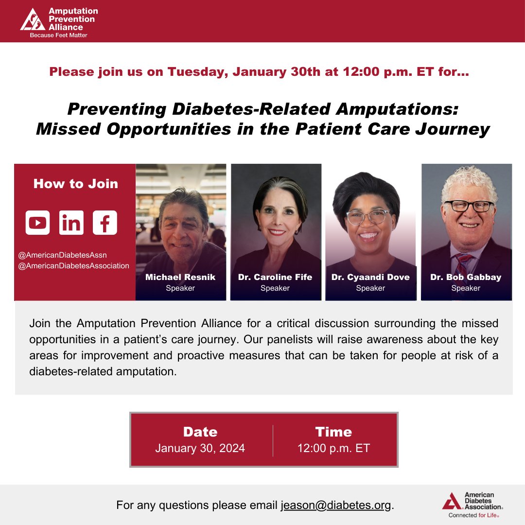 Save the date! Join the ADA's Amputation Prevention Alliance on January 30 at 12:00 p.m. ET to discover crucial steps to prevent diabetes-related amputations. Don't miss out! bit.ly/3v15Aqz #AmputationPrevention #SaveLimbsSaveLives #WeFightDiabetes