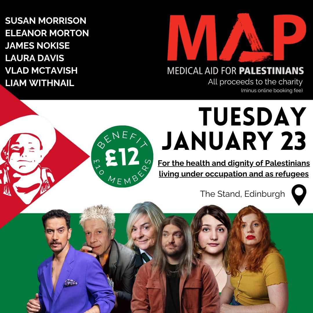 It’s been so heartening to see, every Saturday, how much support the cause of the Palestinian people has in Edinburgh. To see just a fraction of you here on Tuesday would mean the world. All ticket proceeds minus booking fees will go to @MedicalAidPal 🎟️ Link in bio #palestine