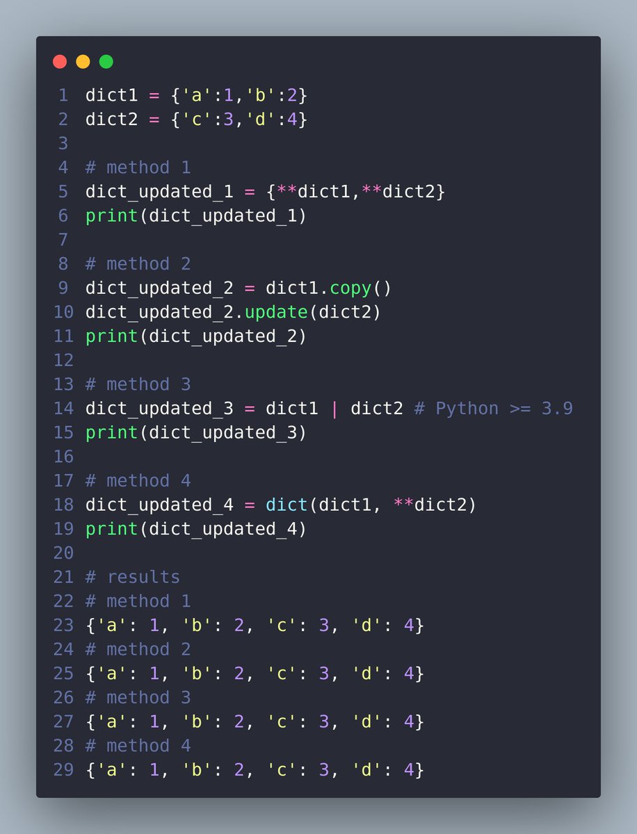 mmijanr's tweet image. there are several ways to merge two dictionaries in Python.
which one do you use? do you know any other methods?
#Python #data_structures #tipsandtricks