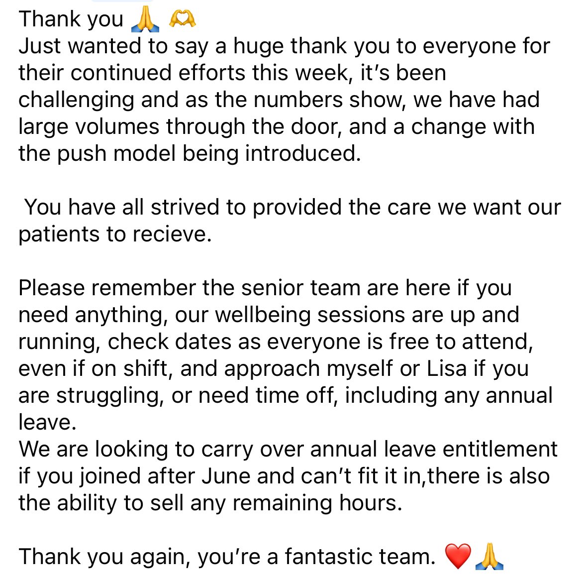 We are having an incredibly busy week in our emergency department and one of our managers just posted this into our work group chat. How I know I’m in good hands as a NQN, evidenced here: