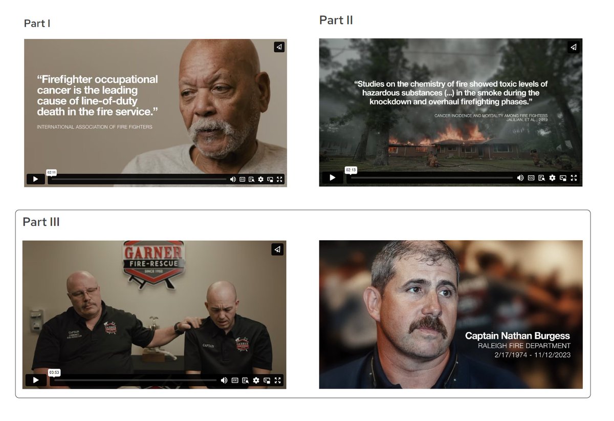 The series continues. @WakeGOV has posted the 3rd of 4 videos about #fire service #cancer. #Garner Captains Jeff Wommack & Don Johnson, & Christy Burgess, wife of #Raleigh Fire Captain Nathan Burgess, talk about their experiences. Watch & learn more at wake.gov/firecancer.