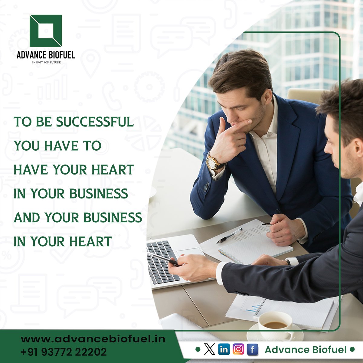 To be successful you have to have your heart in your business and your business in your heart

 #AdvancedBiofuel #SuccessMindset #PassionInBusiness #HeartAndBusiness #BusinessSuccess #DrivenByPassion #HeartfeltSuccess #BusinessDevotion #quote #weekend