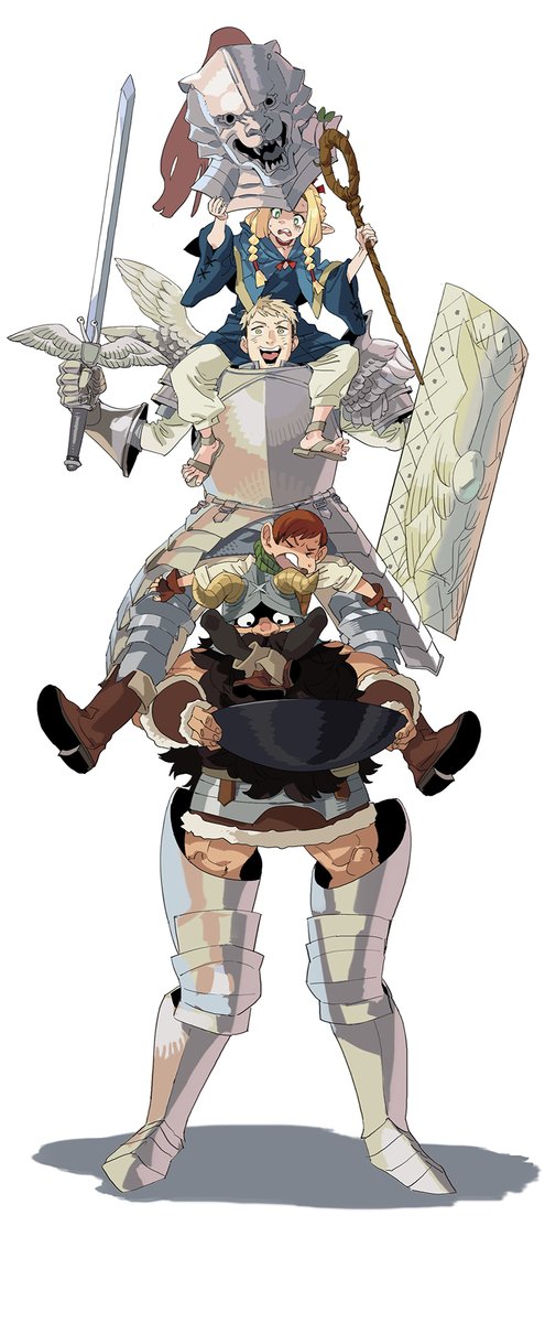 laios thorden ,marcille donato shield armor multiple boys weapon blonde hair shoulder carry helmet  illustration images