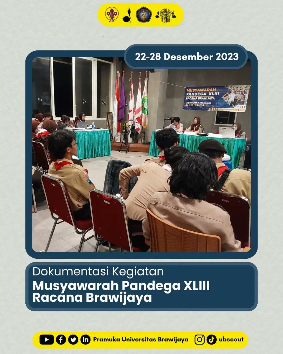 UBscout's tweet photo. [ DOKUMENTASI KEGIATAN MUSDEGA XLIII TAHUN 2023 ]

Hello Genk!!!

MUSDEGA XLIII Racana Brawijaya Tahun 2023 telah dilaksanakan pada 22-28 Desember 2023. Kegiatan MUSDEGA XLIII merupakan forum tertinggi di Racana Brawijaya. https://t.co/x0uoPqceur