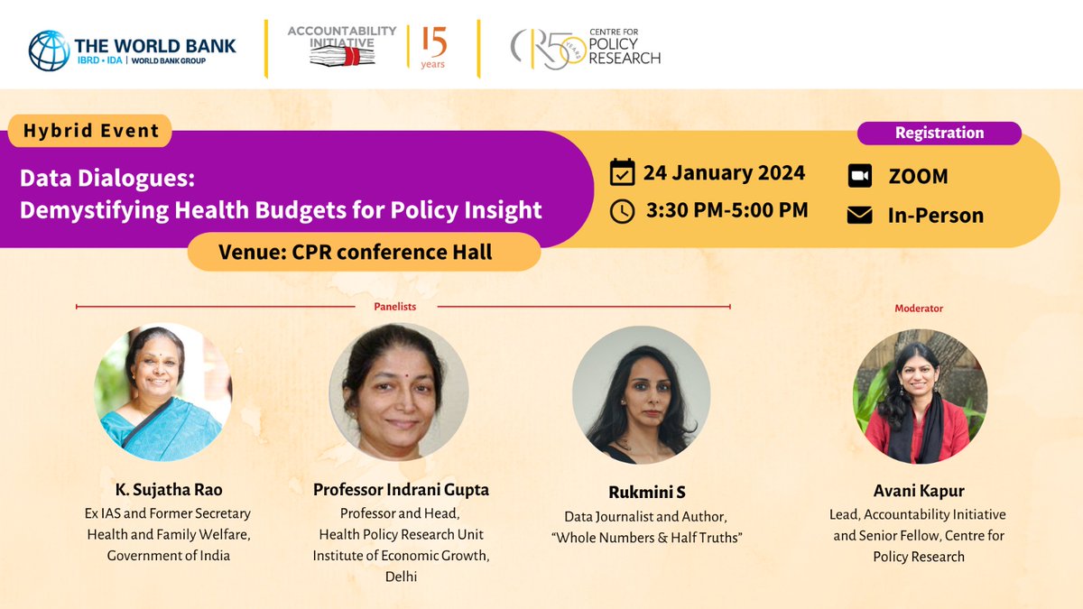 With #InterimBudget round the corner, delighted for all of you to join us - either in person or virtually on Zoom for an exciting discussion with <a href="/sujakrao/">healthiswealth</a> <a href="/Rukmini/">Rukmini S</a>  and Prof. Indrani Gupta <a href="/IEGResearch/">Institute of Economic Growth</a> 

Register soon!